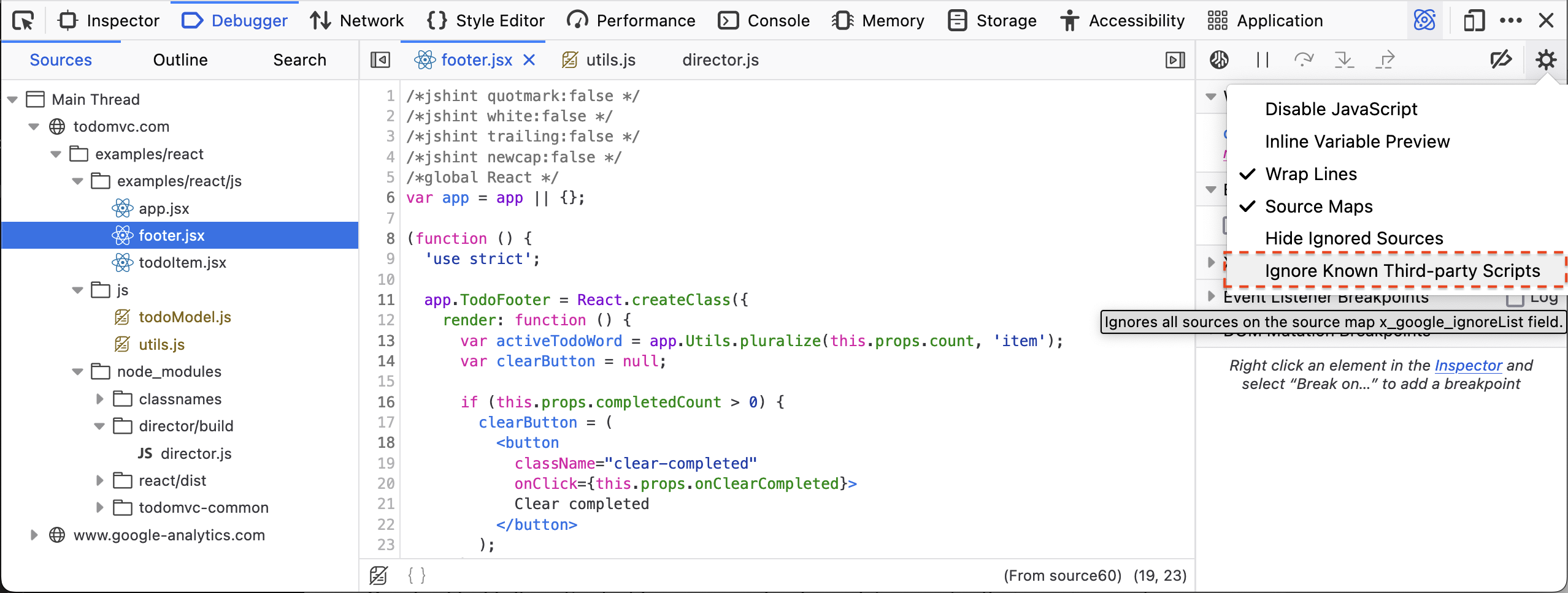 Screenshot showing the settings menu item to ignore third party sources off the sourcemaps x_google_ignoreList field.